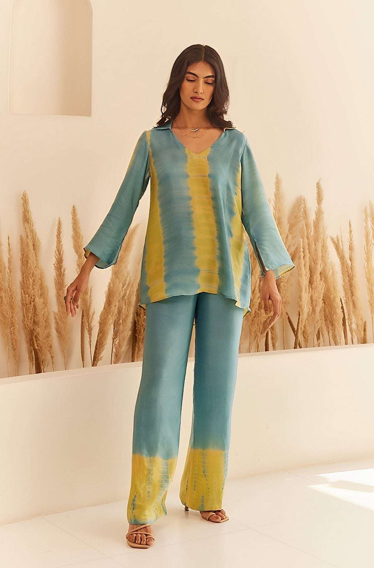 Women’s Cotton Tie Dye Print Two-Piece Lounge Set Tunic with Wide-Leg Pants, Resort Wear ( Teal and Yellow )
