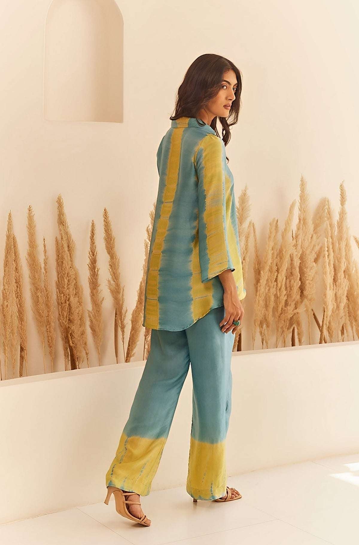Women’s Cotton Tie Dye Print Two-Piece Lounge Set Tunic with Wide-Leg Pants, Resort Wear ( Teal and Yellow )