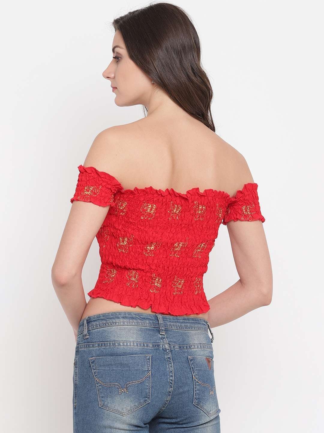 Women’s Rayon Printed Off-Shoulder Smocked Crop Top Short Sleeve Casual Styles Tank Top (FREE SIZE) Multi11