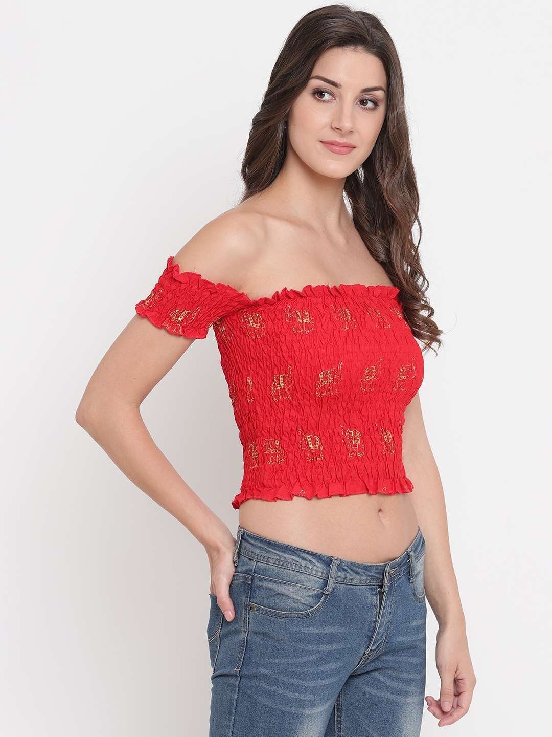 Women’s Rayon Printed Off-Shoulder Smocked Crop Top Short Sleeve Casual Styles Tank Top (FREE SIZE) Multi11