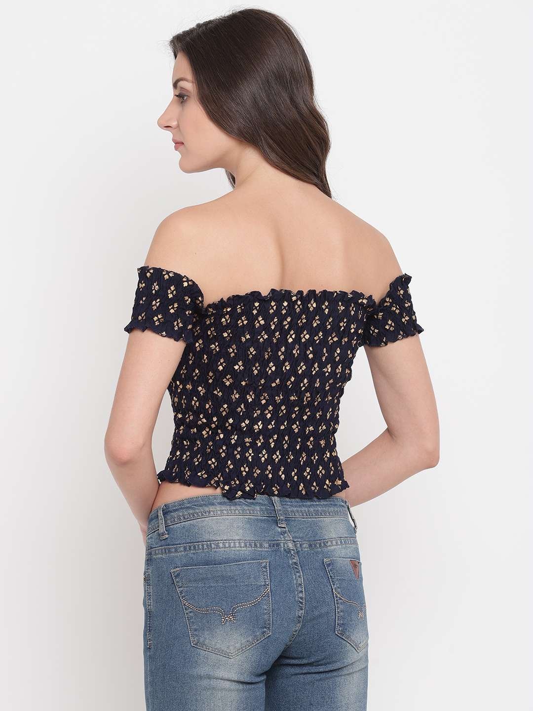 Women’s Rayon Printed Off-Shoulder Smocked Crop Top Short Sleeve Casual Styles Tank Top (FREE SIZE) Multi12