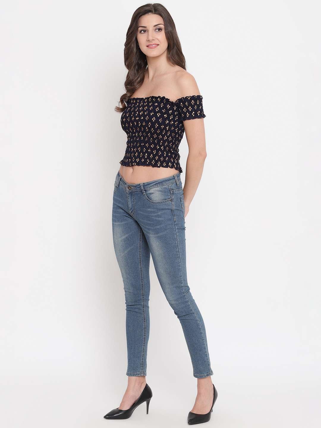 Women’s Rayon Printed Off-Shoulder Smocked Crop Top Short Sleeve Casual Styles Tank Top (FREE SIZE) Multi12