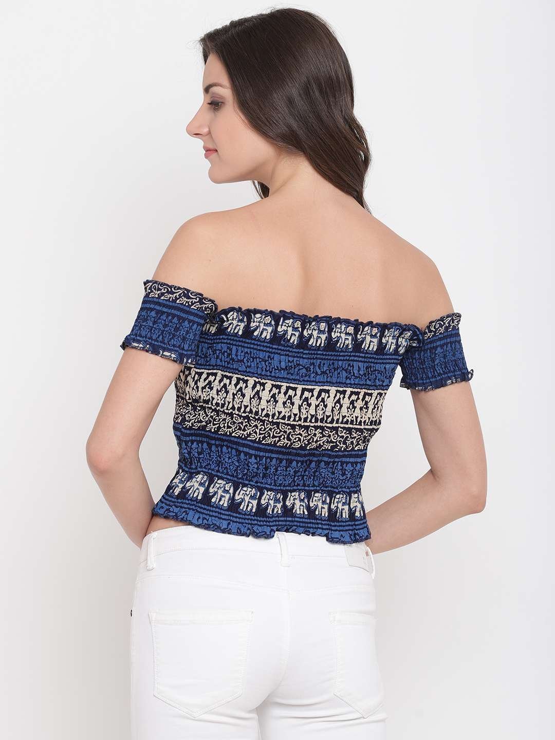 Women’s Rayon Printed Off-Shoulder Smocked Crop Top Short Sleeve Casual Styles Tank Top (FREE SIZE) Multi1