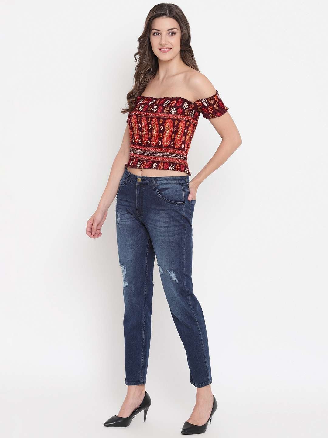 Women’s Rayon Printed Off-Shoulder Smocked Crop Top Short Sleeve Casual Styles Tank Top (FREE SIZE) Multi2