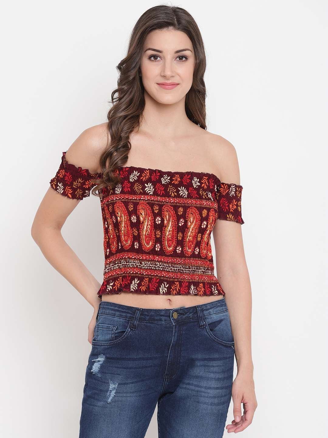 Women’s Rayon Printed Off-Shoulder Smocked Crop Top Short Sleeve Casual Styles Tank Top (FREE SIZE) Multi2