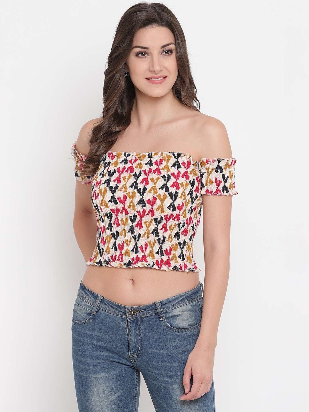 Women’s Rayon Printed Off-Shoulder Smocked Crop Top Short Sleeve Casual Styles Tank Top (FREE SIZE) Multi31