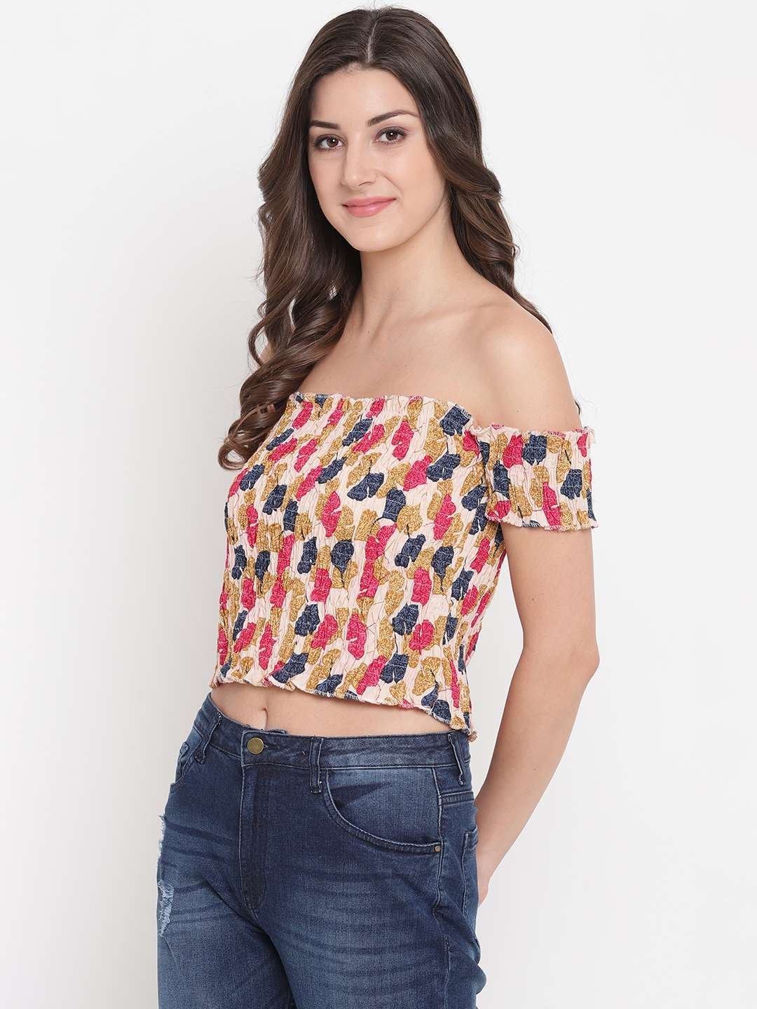 Women’s Rayon Printed Off-Shoulder Smocked Crop Top Short Sleeve Casual Styles Tank Top (FREE SIZE) Multi32