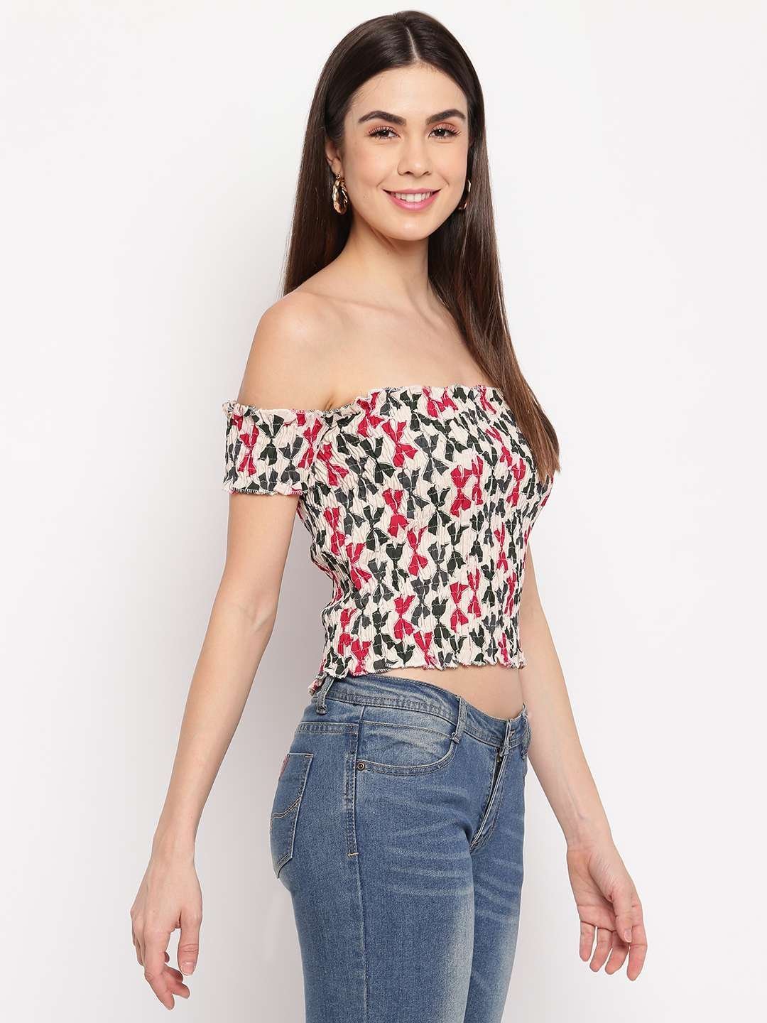 Women’s Rayon Printed Off-Shoulder Smocked Crop Top Short Sleeve Casual Styles Tank Top (FREE SIZE) Multi33