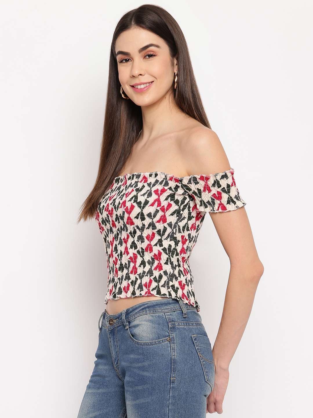 Women’s Rayon Printed Off-Shoulder Smocked Crop Top Short Sleeve Casual Styles Tank Top (FREE SIZE) Multi33