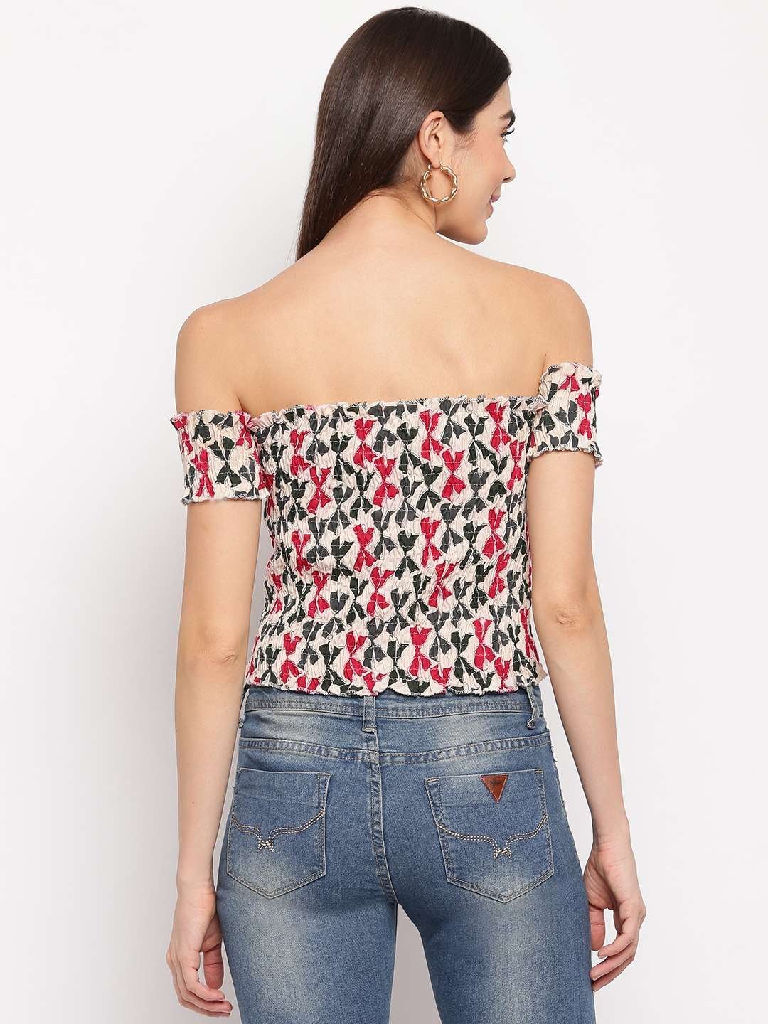 Women’s Rayon Printed Off-Shoulder Smocked Crop Top Short Sleeve Casual Styles Tank Top (FREE SIZE) Multi33
