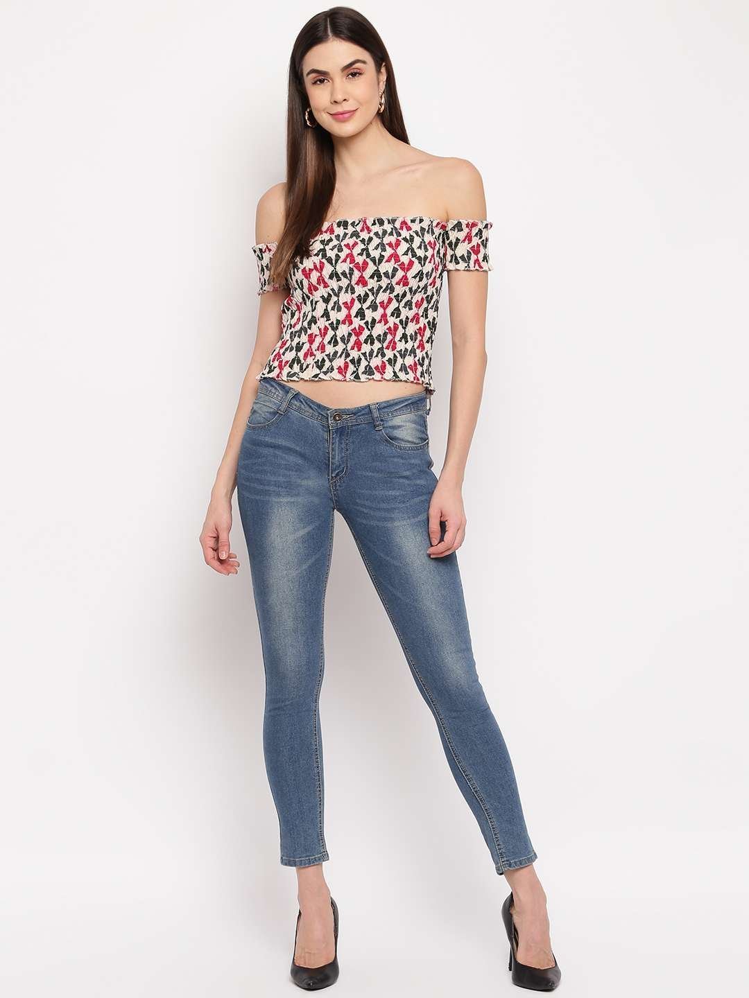 Women’s Rayon Printed Off-Shoulder Smocked Crop Top Short Sleeve Casual Styles Tank Top (FREE SIZE) Multi33