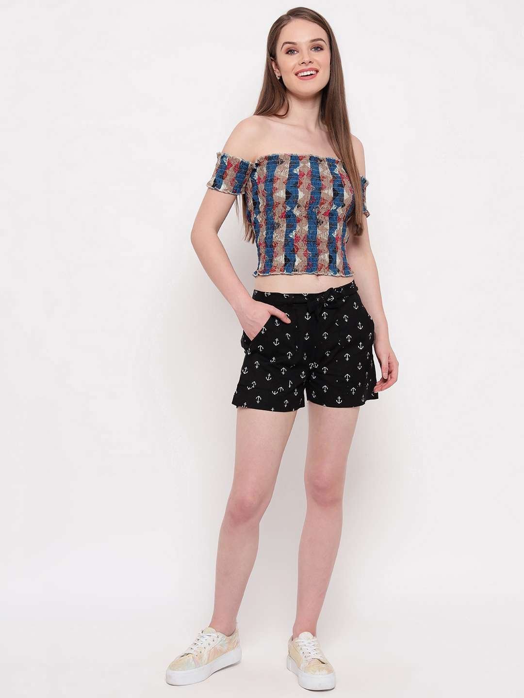 Women’s Rayon Printed Off-Shoulder Smocked Crop Top Short Sleeve Casual Styles Tank Top (FREE SIZE) Multi38