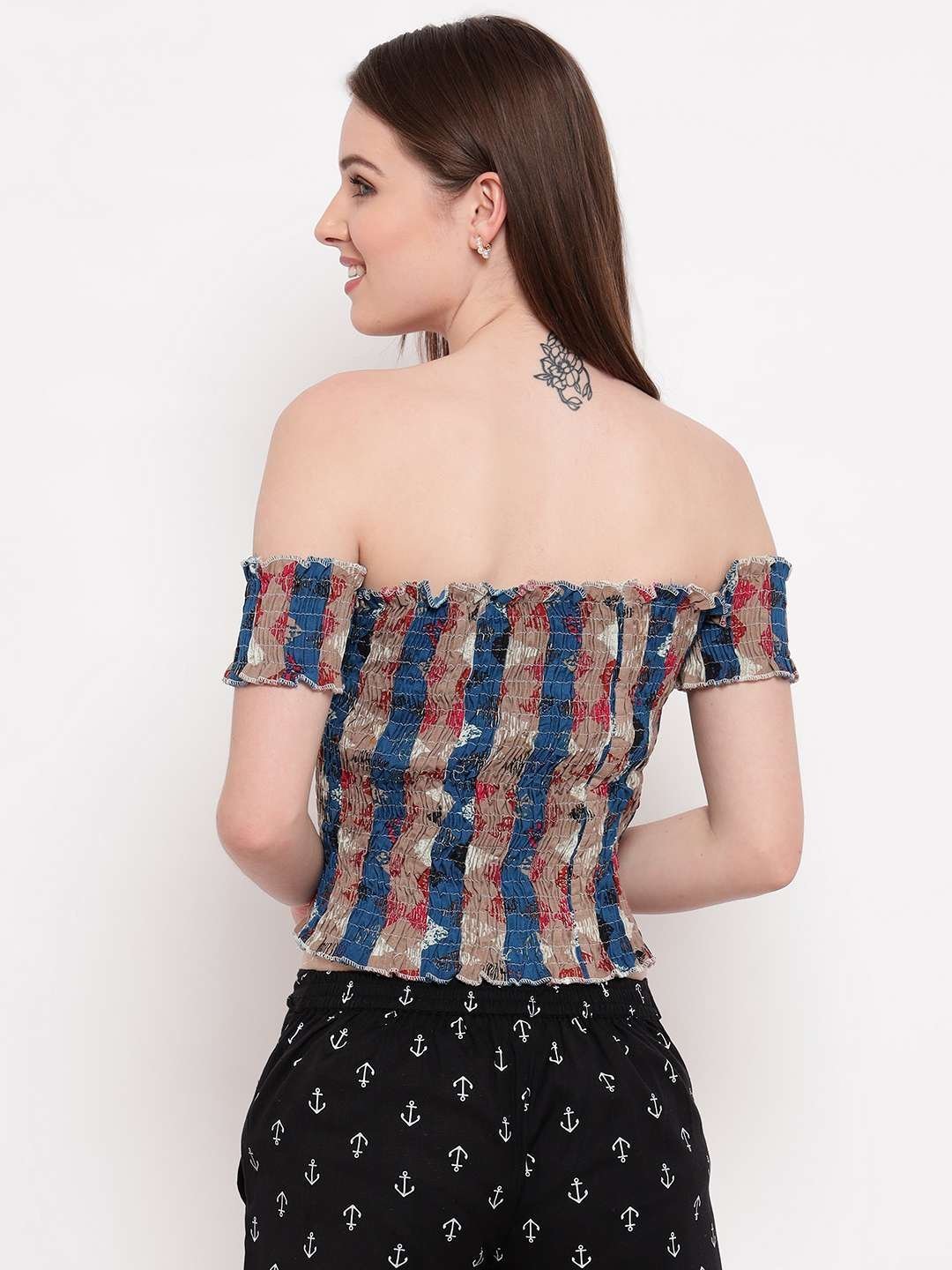 Women’s Rayon Printed Off-Shoulder Smocked Crop Top Short Sleeve Casual Styles Tank Top (FREE SIZE) Multi38