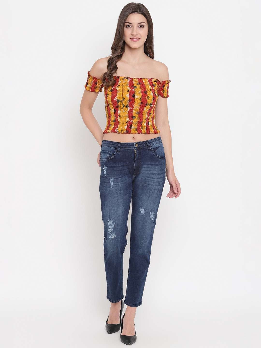 Women’s Rayon Printed Off-Shoulder Smocked Crop Top Short Sleeve Casual Styles Tank Top (FREE SIZE) Multi39
