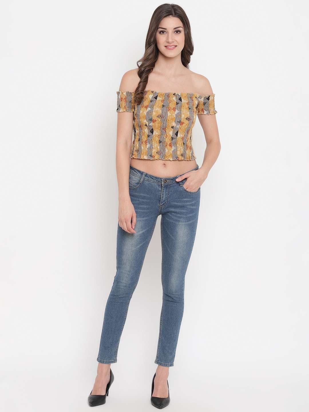 Women’s Rayon Printed Off-Shoulder Smocked Crop Top Short Sleeve Casual Styles Tank Top (FREE SIZE) Multi40