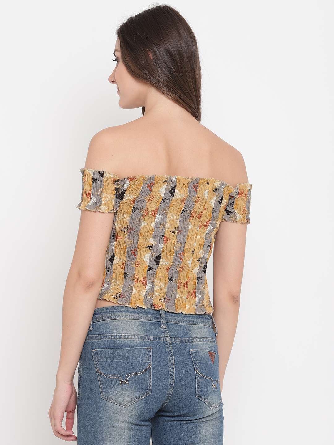 Women’s Rayon Printed Off-Shoulder Smocked Crop Top Short Sleeve Casual Styles Tank Top (FREE SIZE) Multi40