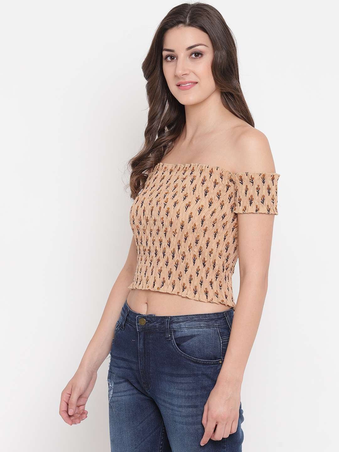 Women’s Rayon Printed Off-Shoulder Smocked Crop Top Short Sleeve Casual Styles Tank Top (FREE SIZE) Multi41