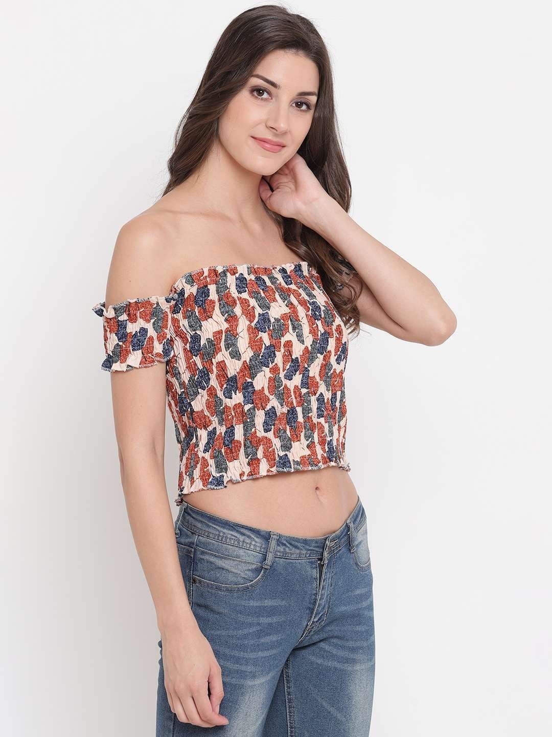 Women’s Rayon Printed Off-Shoulder Smocked Crop Top Short Sleeve Casual Styles Tank Top (FREE SIZE) Multi45