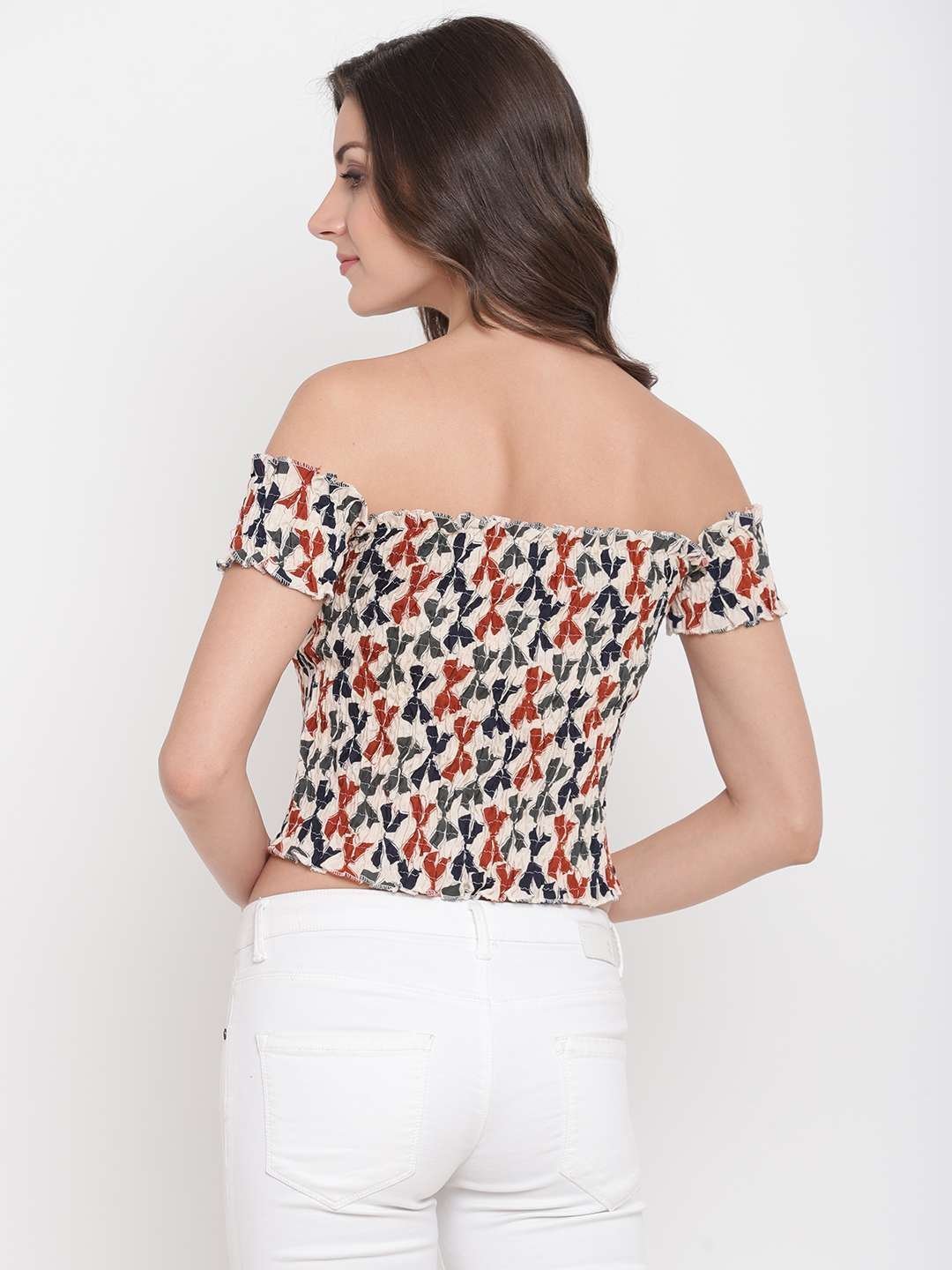Women’s Rayon Printed Off-Shoulder Smocked Crop Top Short Sleeve Casual Styles Tank Top (FREE SIZE) Multi46