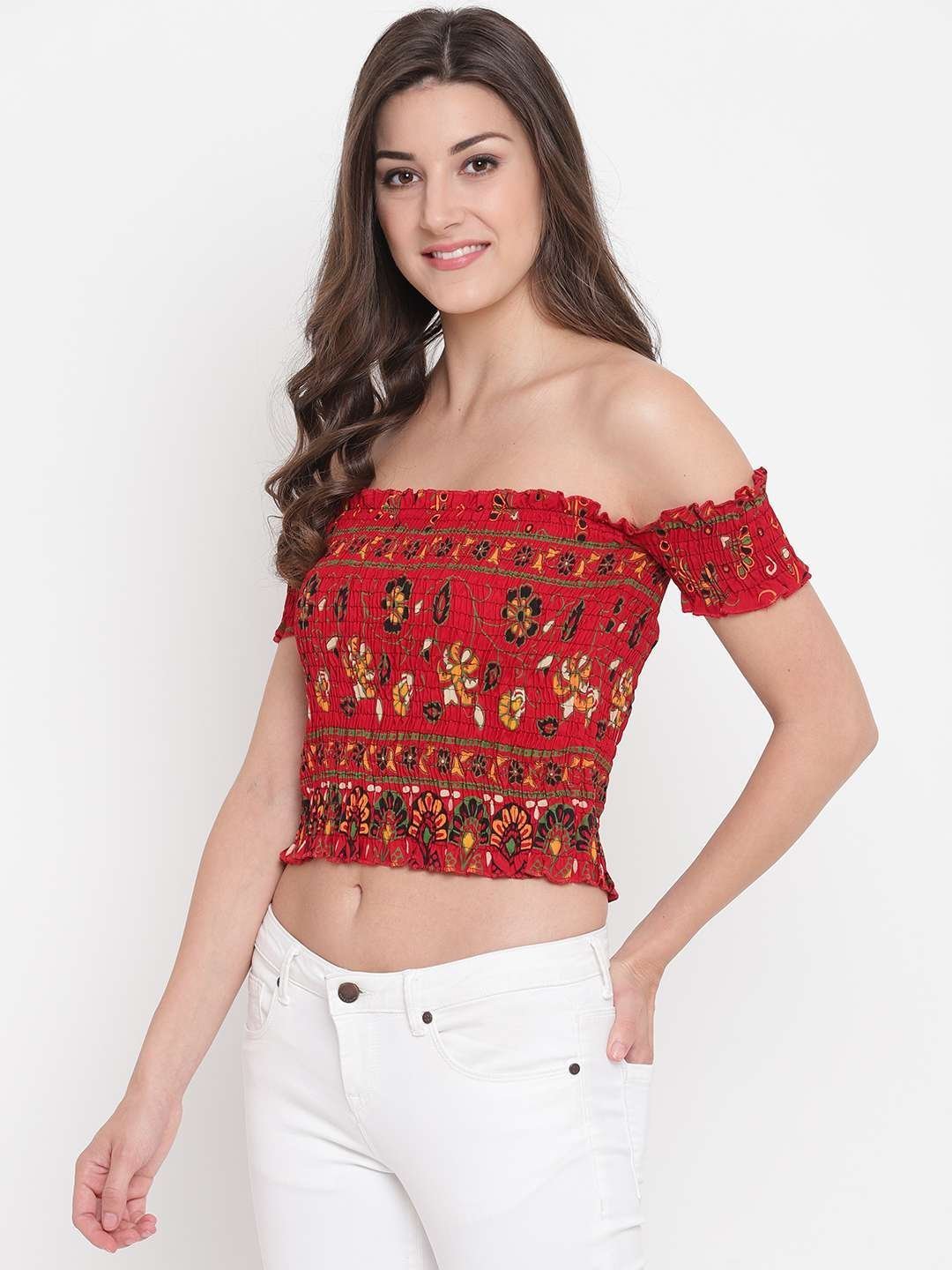 Women’s Rayon Printed Off-Shoulder Smocked Crop Top Short Sleeve Casual Styles Tank Top (FREE SIZE) Multi6