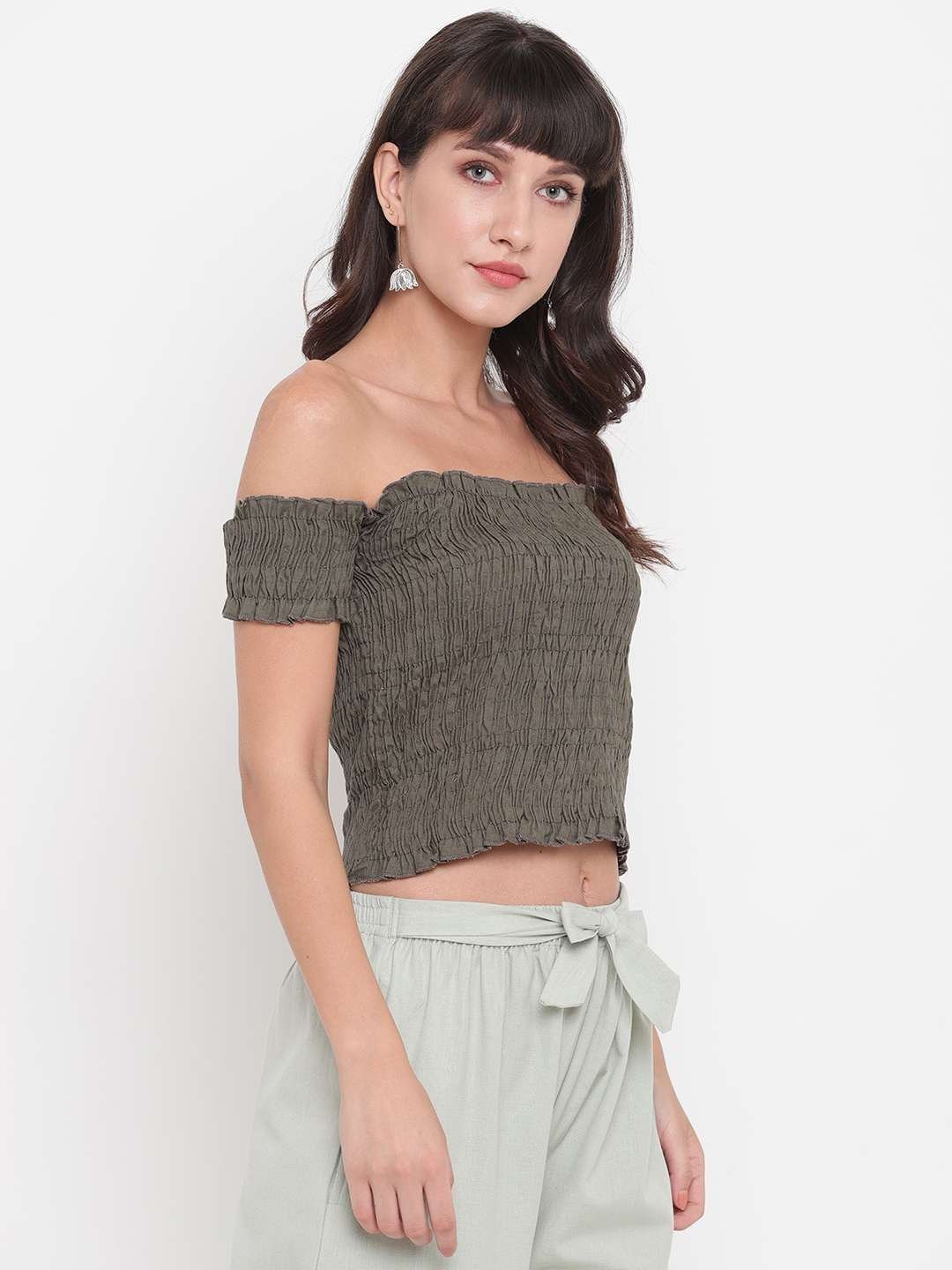 Women’s Rayon Solid Off-Shoulder Smocked Crop Top Short Sleeve Casual Styles Tank Top (FREE SIZE) Multi15