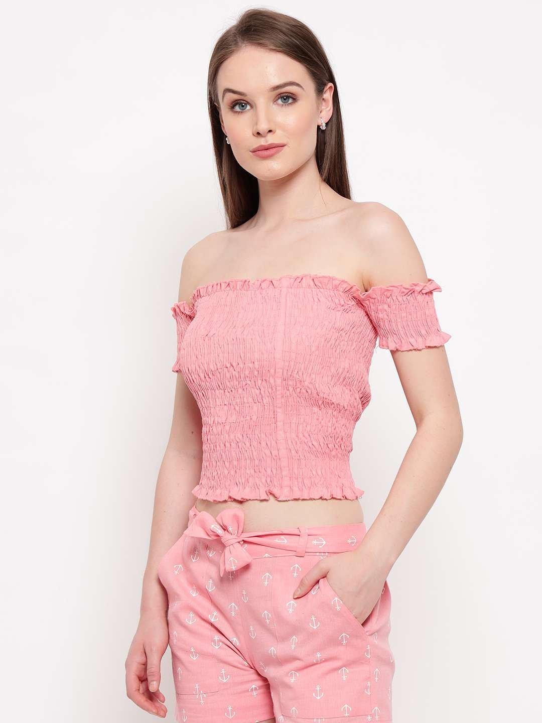 Women’s Rayon Solid Off-Shoulder Smocked Crop Top Short Sleeve Casual Styles Tank Top (FREE SIZE) Multi16