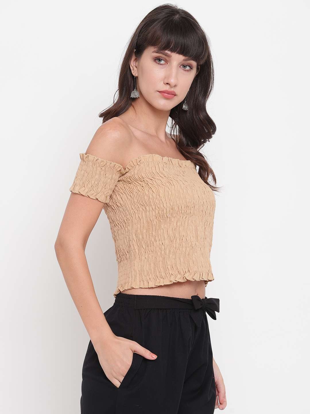 Women’s Rayon Solid Off-Shoulder Smocked Crop Top Short Sleeve Casual Styles Tank Top (FREE SIZE) Multi17