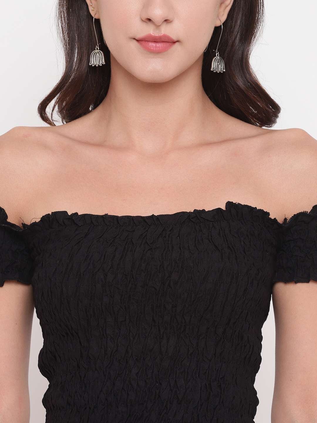 Women’s Rayon Solid Off-Shoulder Smocked Crop Top Short Sleeve Casual Styles Tank Top (FREE SIZE) Multi18