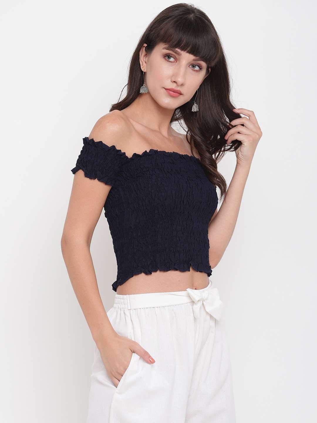 Women’s Rayon Solid Off-Shoulder Smocked Crop Top Short Sleeve Casual Styles Tank Top (FREE SIZE) Multi20