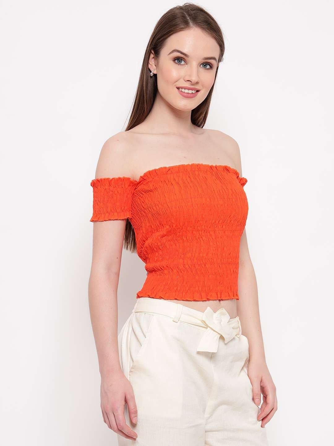 Women’s Rayon Solid Off-Shoulder Smocked Crop Top Short Sleeve Casual Styles Tank Top (FREE SIZE) Multi25