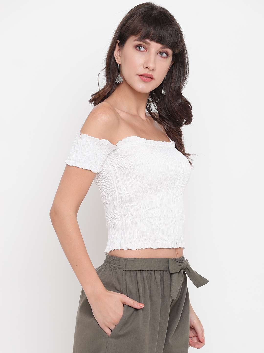 Women’s Rayon Solid Off-Shoulder Smocked Crop Top Short Sleeve Casual Styles Tank Top (FREE SIZE) Multi30