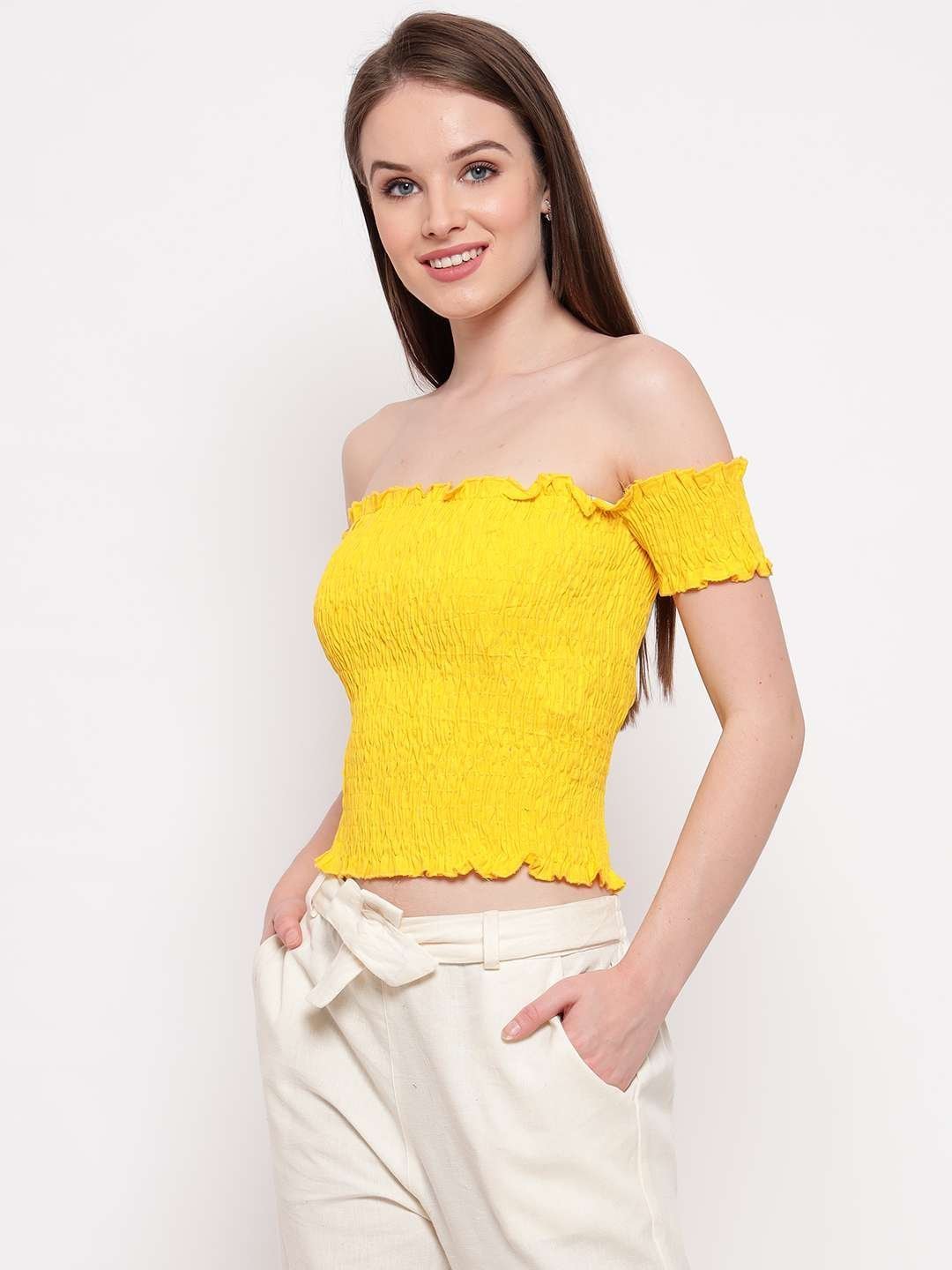 Women’s Rayon Solid Off-Shoulder Smocked Crop Top Short Sleeve Casual Styles Tank Top (FREE SIZE) Multi31