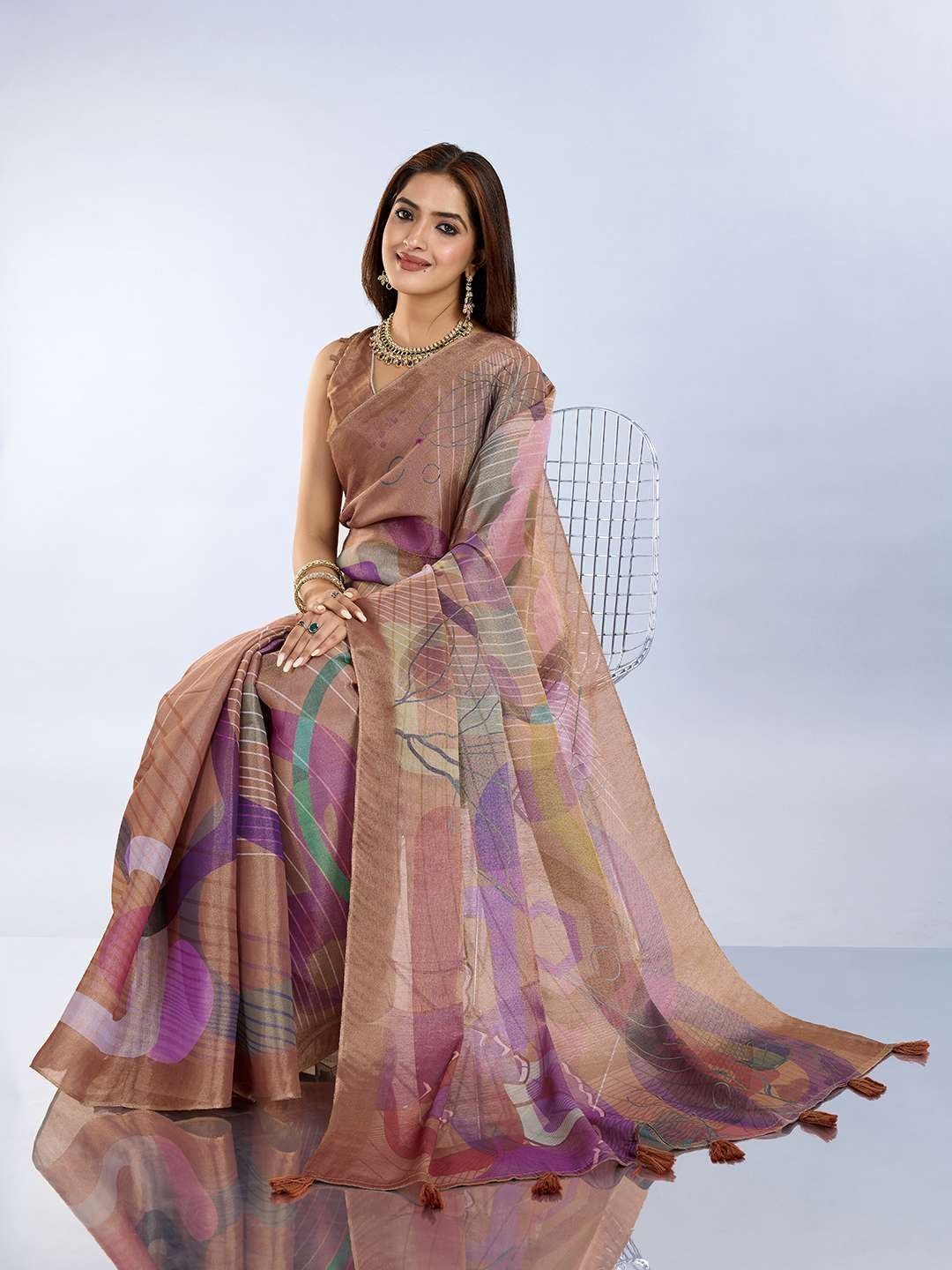 Abstract Printed Linen Shimmer Saree in Earth Tones