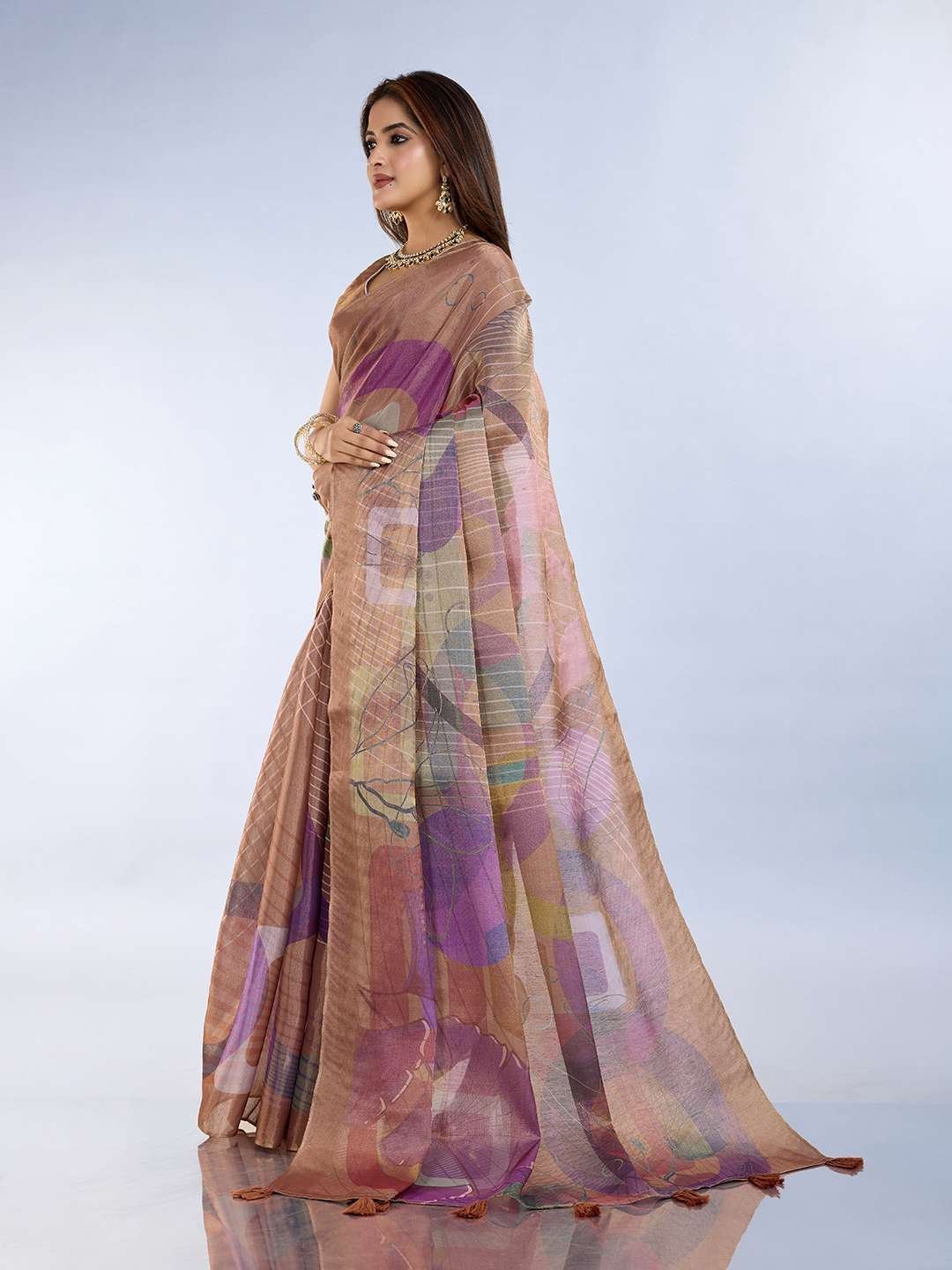 Abstract Printed Linen Shimmer Saree in Earth Tones