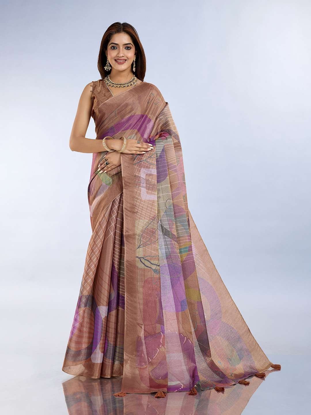 Abstract Printed Linen Shimmer Saree in Earth Tones