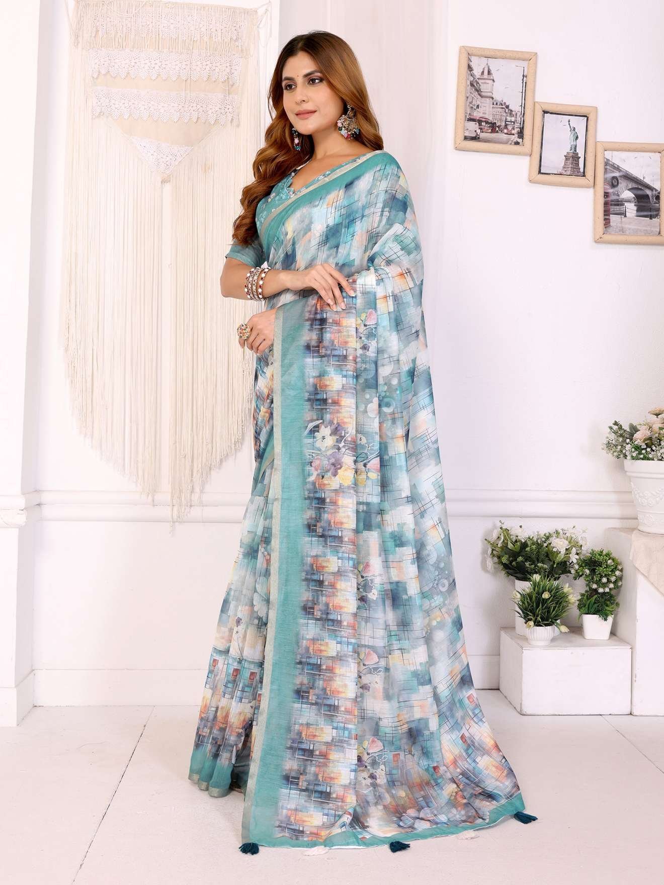 Aqua Blue Chanderi Saree with Digital Abstract & Floral Prints ? Elegant & Contemporary
