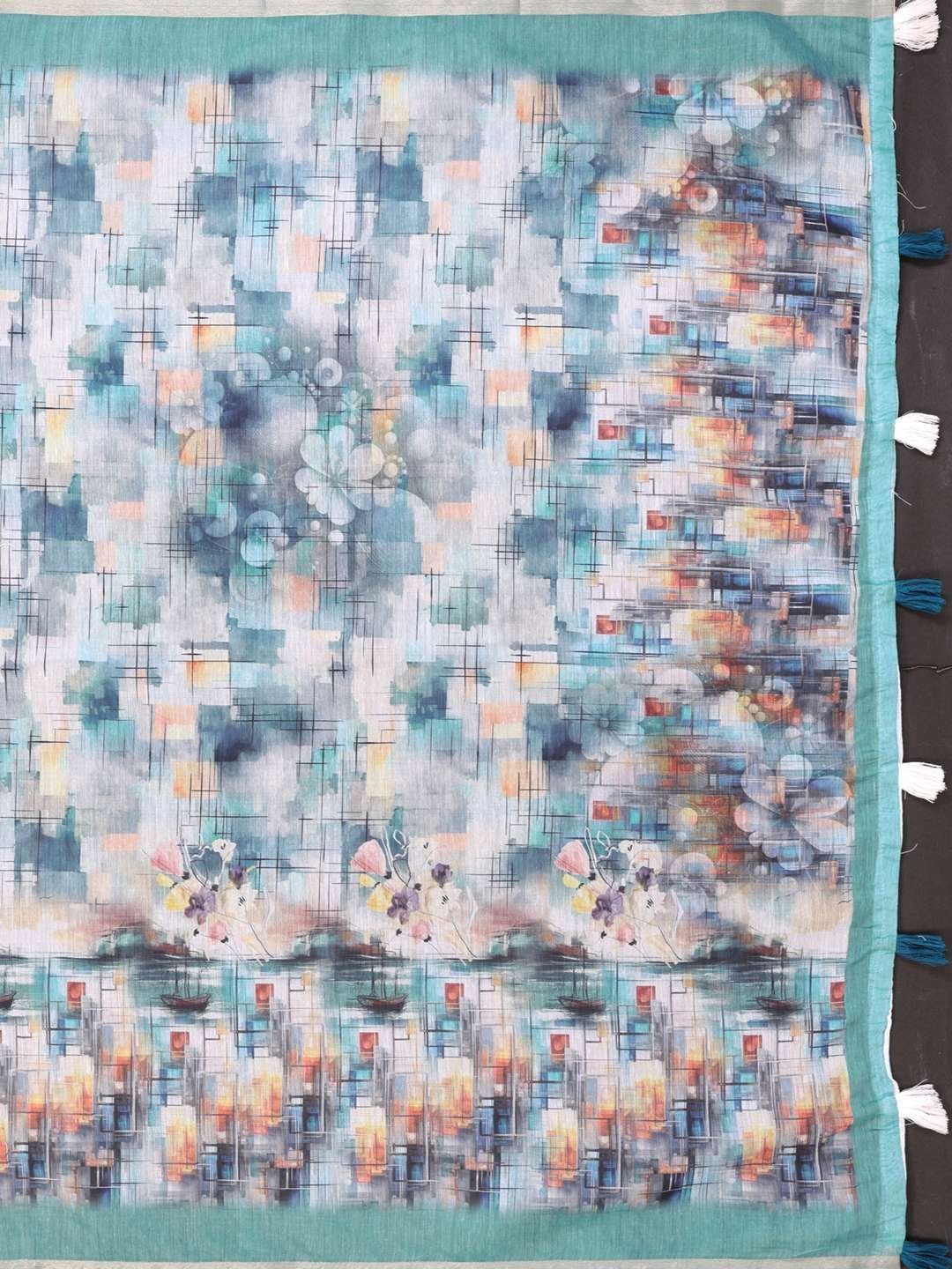 Aqua Blue Chanderi Saree with Digital Abstract & Floral Prints ? Elegant & Contemporary