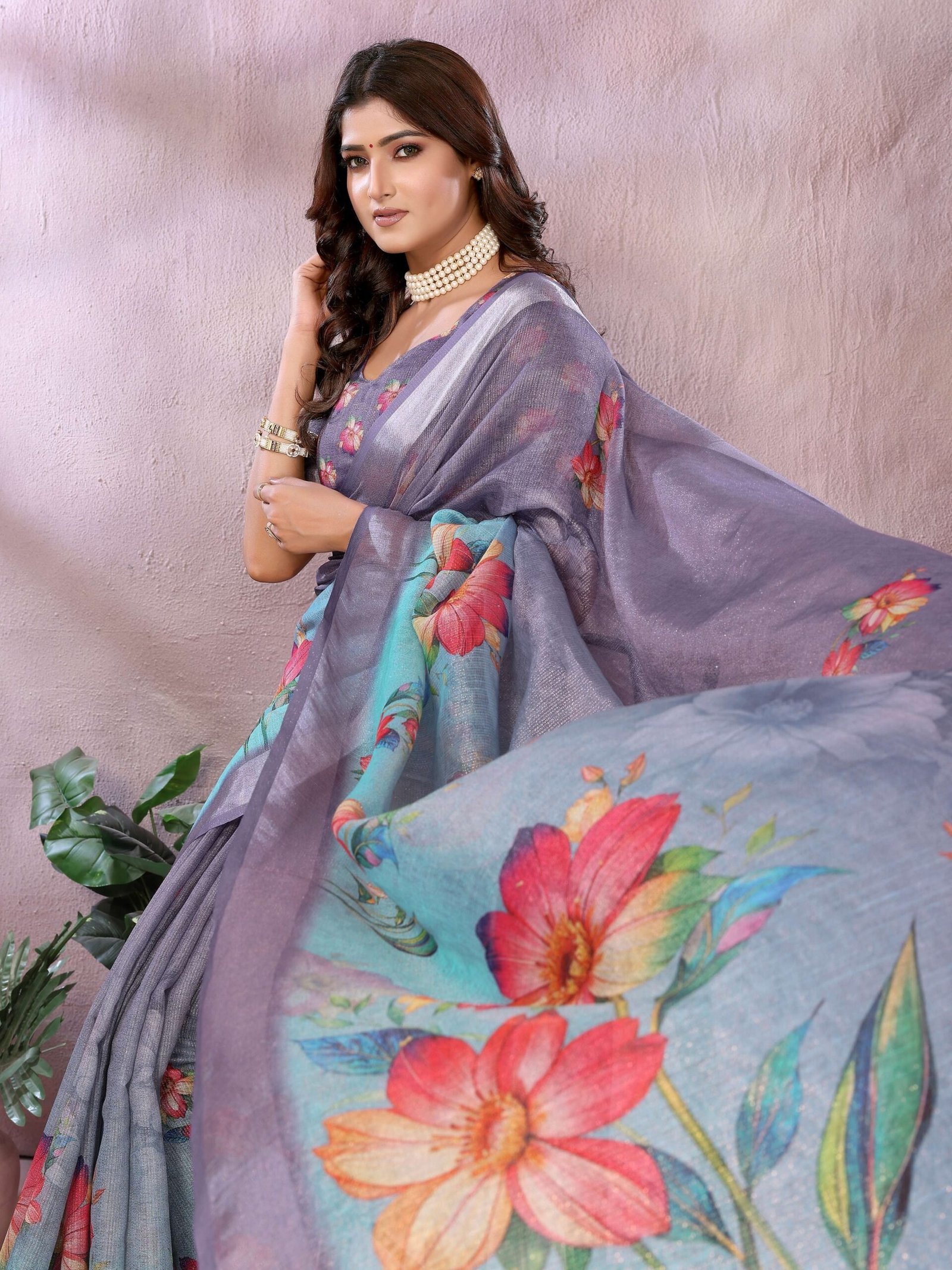 Aqua Blue Floral Printed Linen Shimmer Saree with Lavender Border