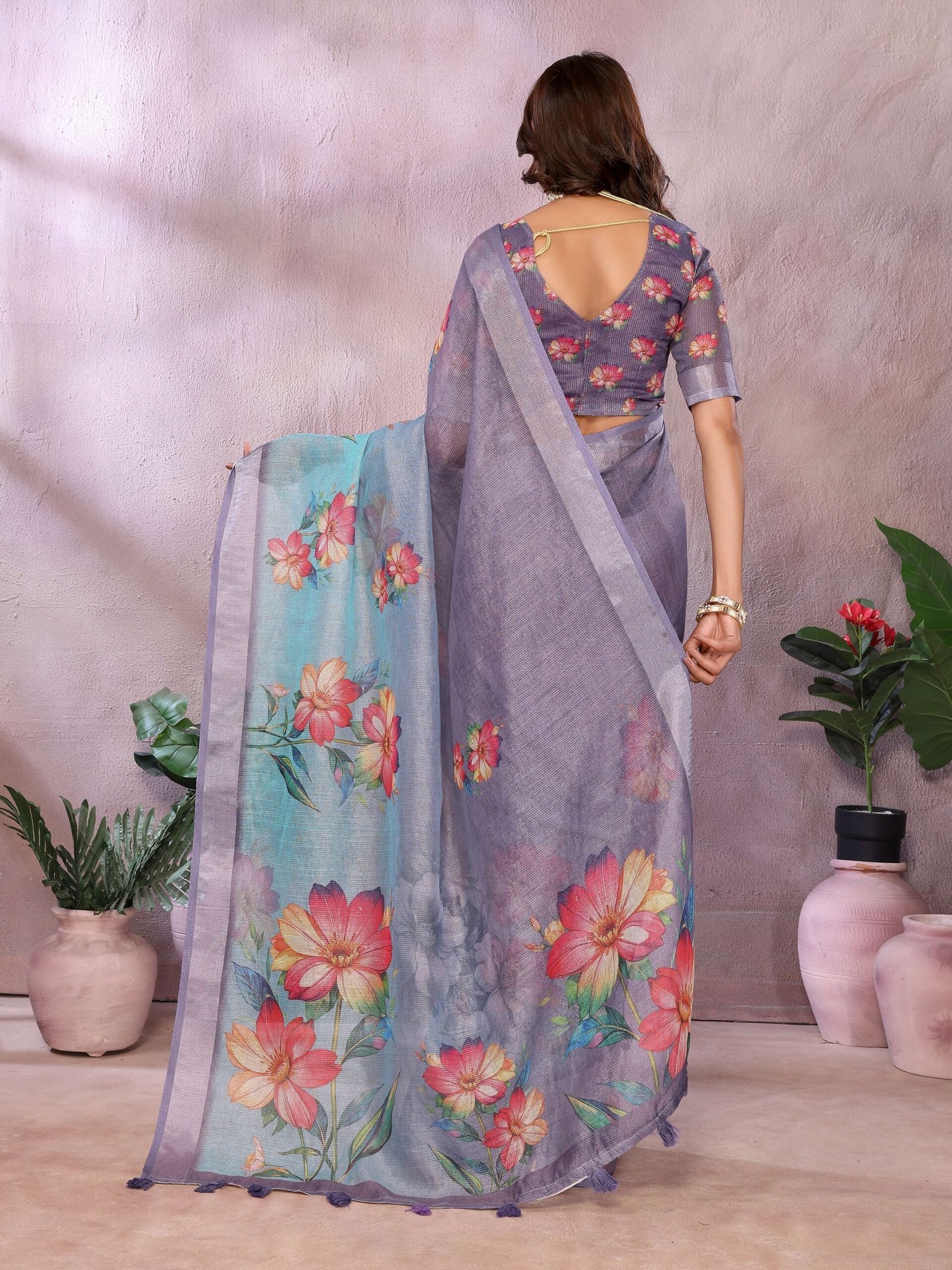 Aqua Blue Floral Printed Linen Shimmer Saree with Lavender Border