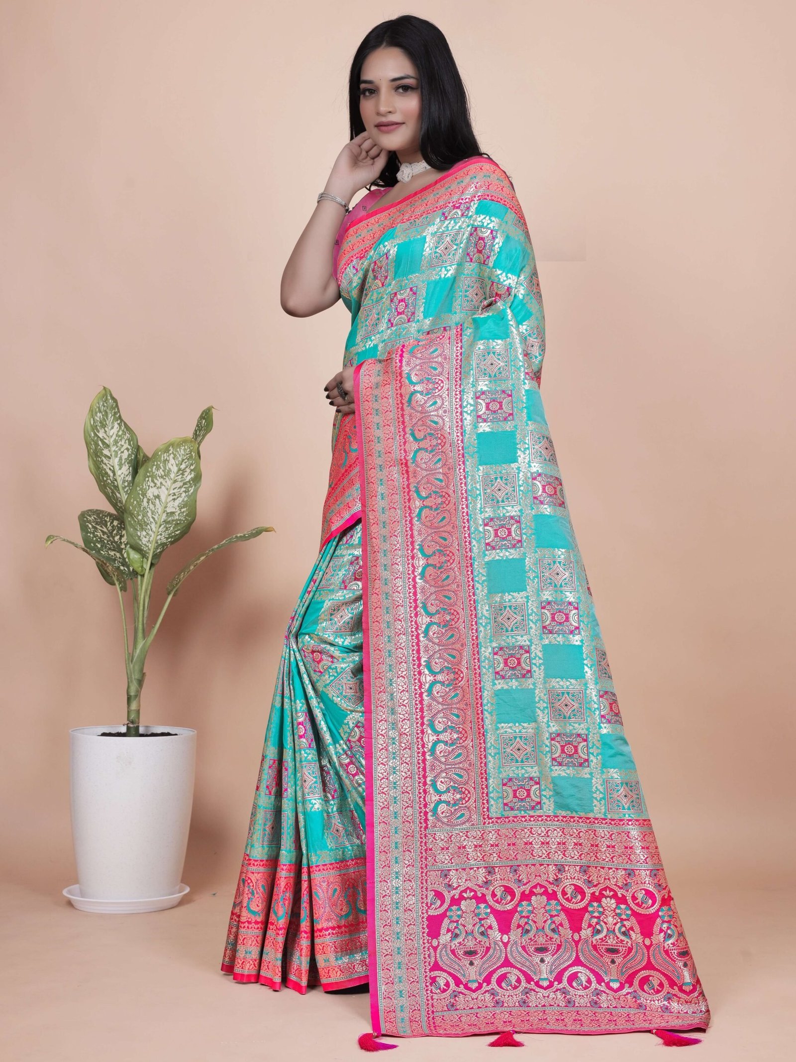 Aqua Blue & Pink Banarasi Silk Saree with Silver Zari | Festive & Wedding Wear Saree | Elegant Banarasi Saree with Contrast Pallu