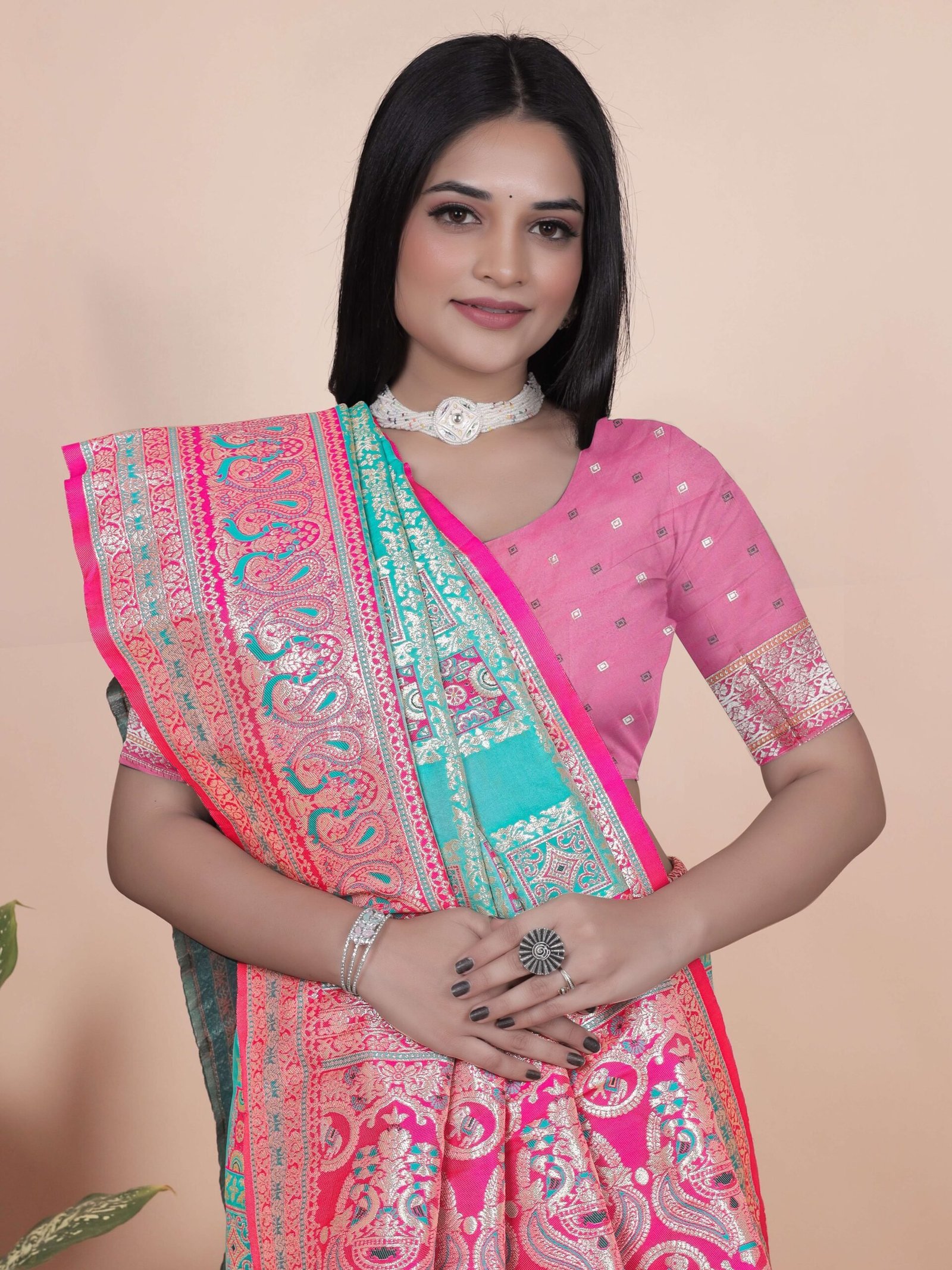 Aqua Blue & Pink Banarasi Silk Saree with Silver Zari | Festive & Wedding Wear Saree | Elegant Banarasi Saree with Contrast Pallu