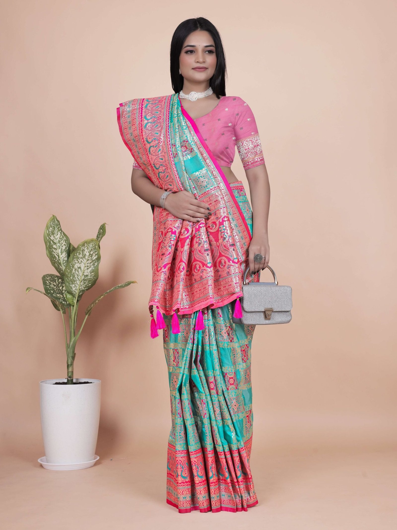 Aqua Blue & Pink Banarasi Silk Saree with Silver Zari | Festive & Wedding Wear Saree | Elegant Banarasi Saree with Contrast Pallu