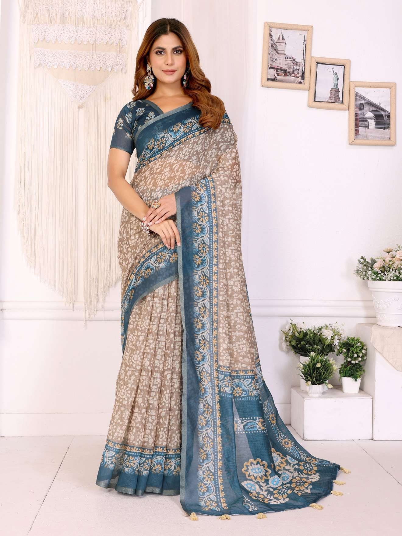 Beige Chanderi Saree with Teal Ethnic Motifs ? Elegant & Festive