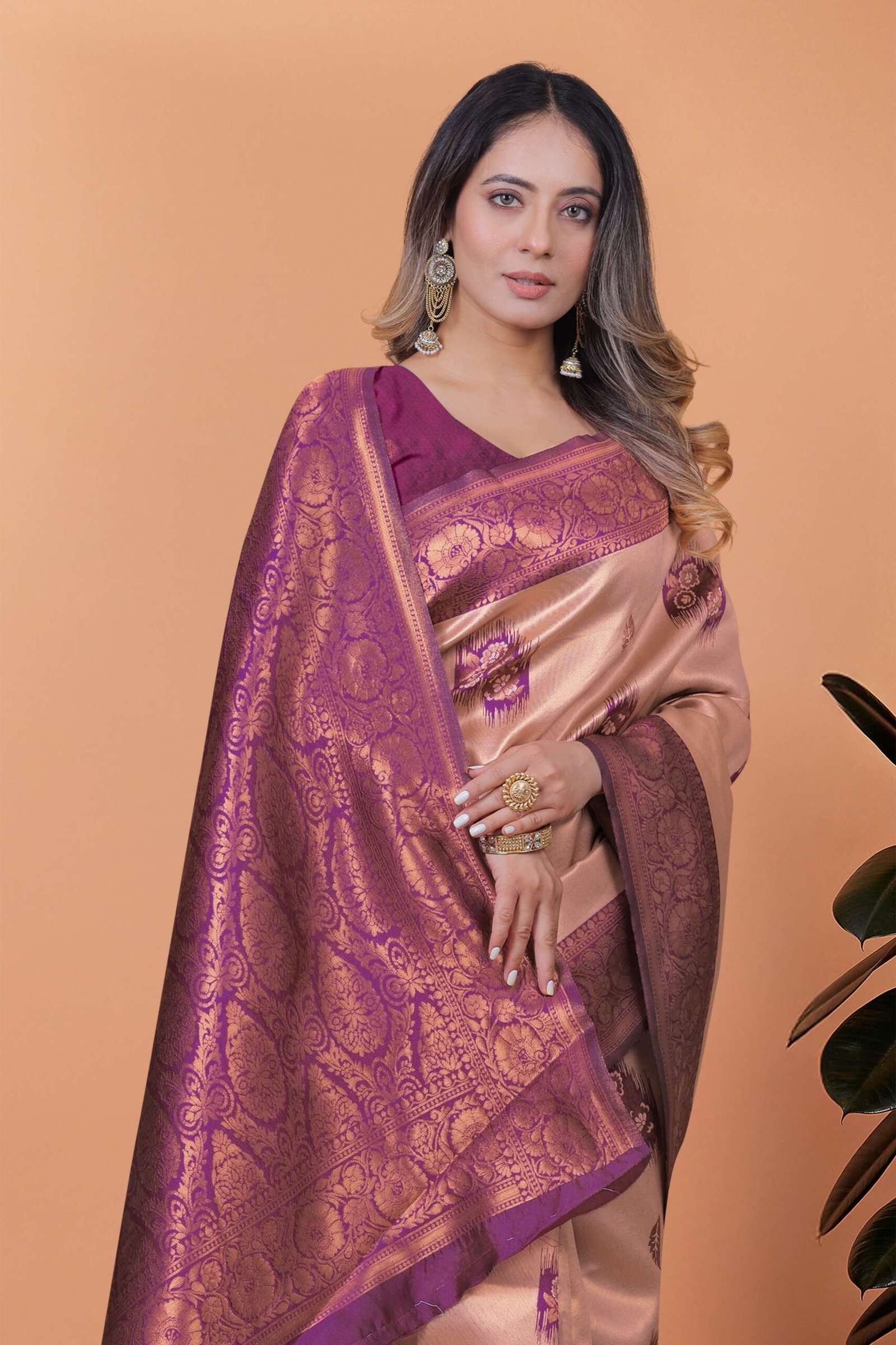 Beige & Plum Banarasi Silk Saree with Zari Weaving | Elegant Traditional Saree for Weddings, Festivals & Ethnic Occasions