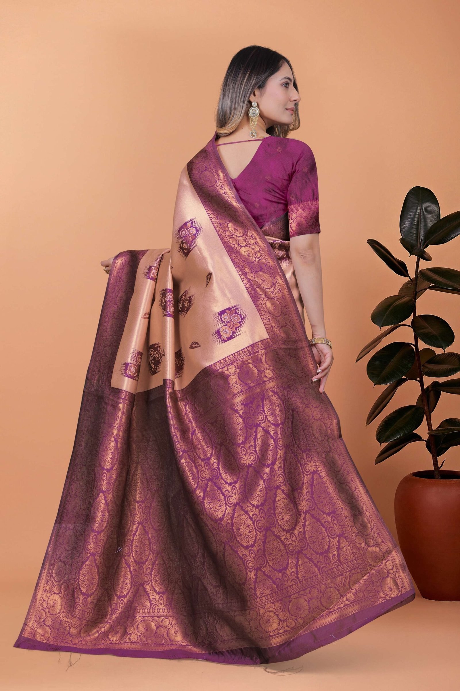 Beige & Plum Banarasi Silk Saree with Zari Weaving | Elegant Traditional Saree for Weddings, Festivals & Ethnic Occasions