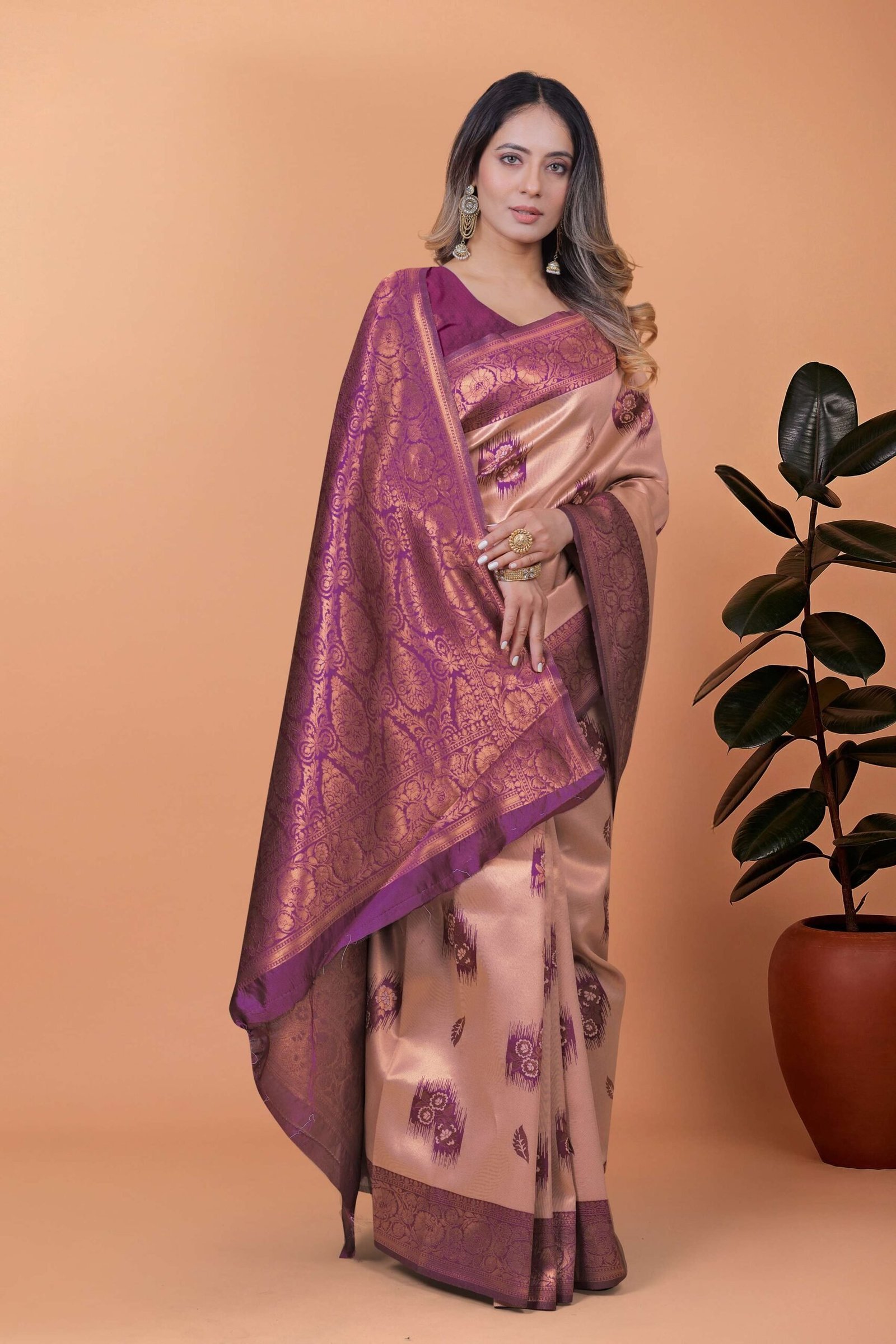 Beige & Plum Banarasi Silk Saree with Zari Weaving | Elegant Traditional Saree for Weddings, Festivals & Ethnic Occasions