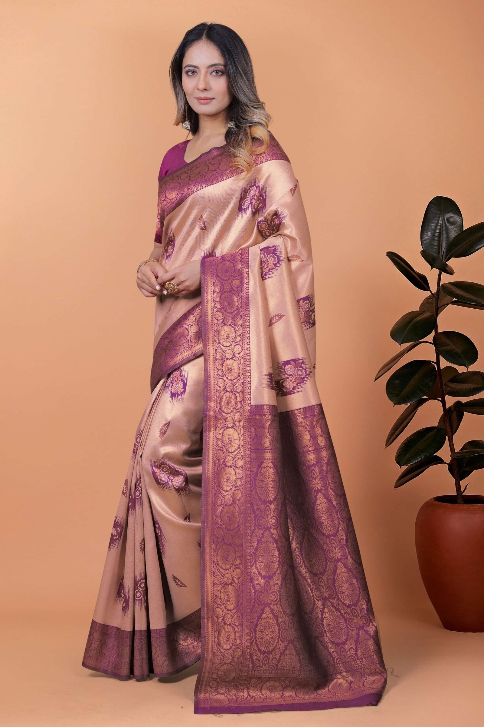 Beige & Plum Banarasi Silk Saree with Zari Weaving | Elegant Traditional Saree for Weddings, Festivals & Ethnic Occasions