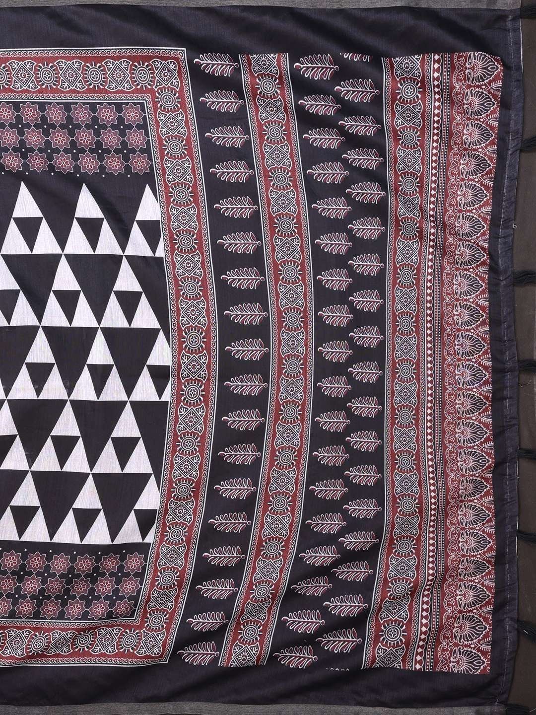 Black & Maroon Chanderi Saree with Geometric & Block Prints ? Festive & Elegant