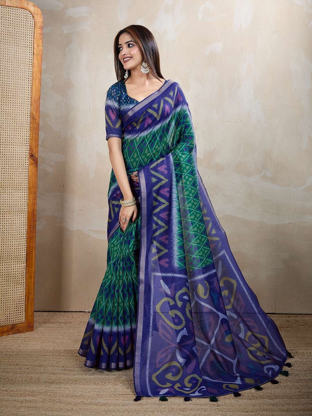 Blue & Green Ikat Printed Chanderi Saree ? Elegant Festive & Cultural Wear
