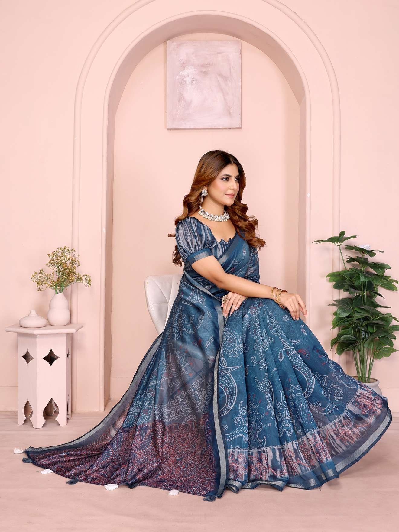 Blue Printed Black Chanderi Saree ? Ethnic Digital Motifs with Tassel Pallu